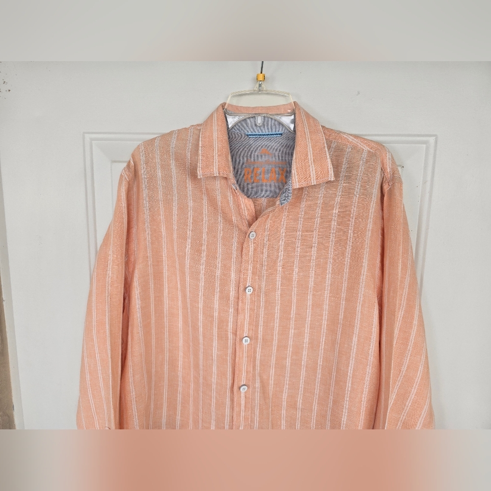 Tommy Bahama Relax Linen Shirt Men’s M Orange Peach Long Sleeve Button Striped - Picture 6 of 14